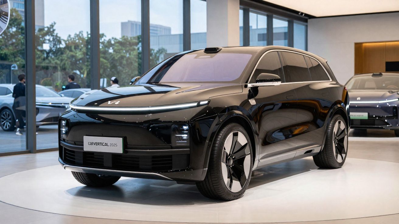 Carro SUV elétrico preto exibido em showroom com teto solar e design moderno aerodinâmico.
