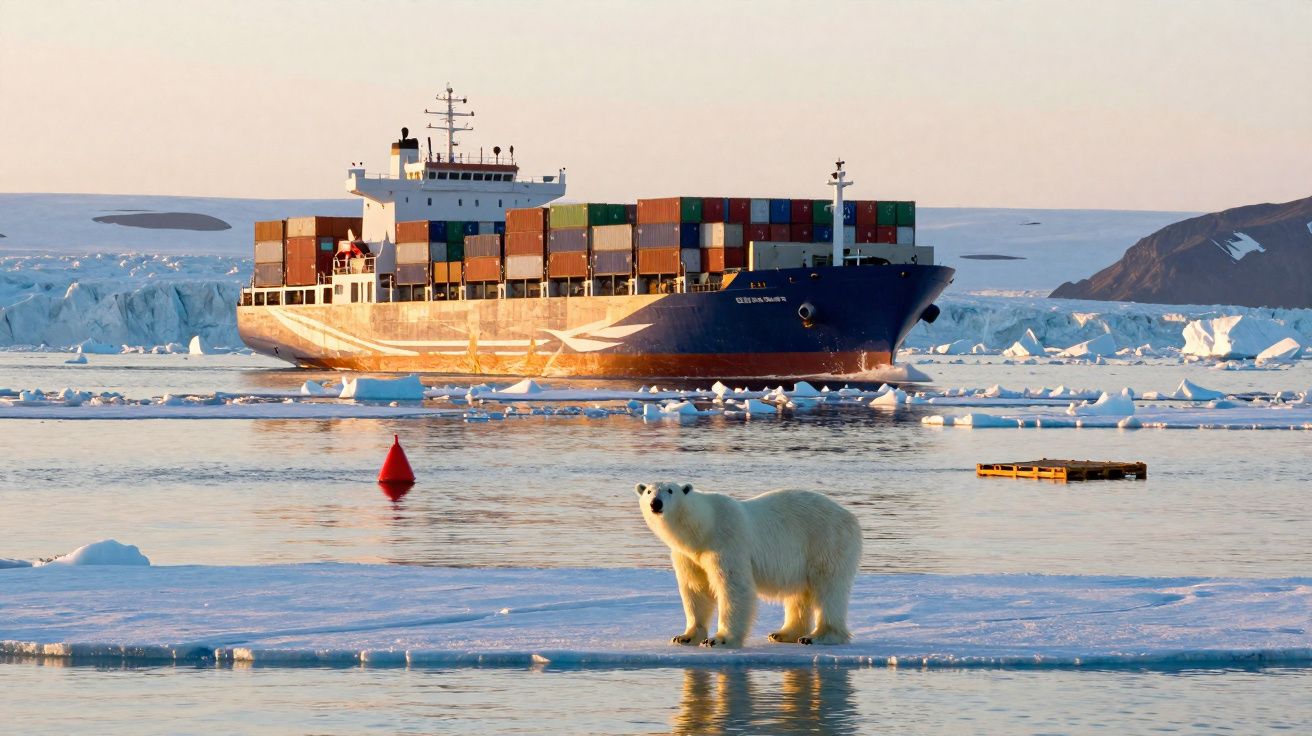 Urso polar sobre iceberg próximo a navio cargueiro em região polar com geleiras ao fundo.