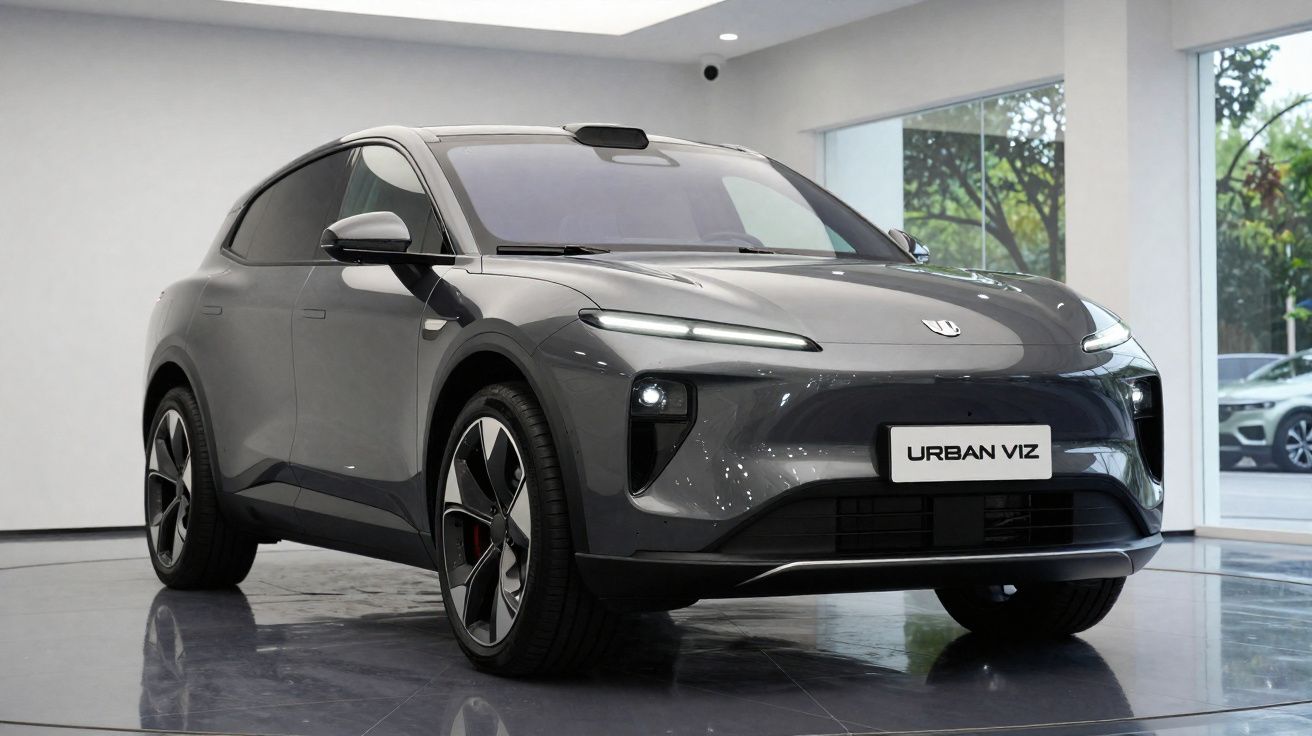 Carro elétrico cinza escuro Urban Viz exposto em showroom com teto branco e grandes janelas.