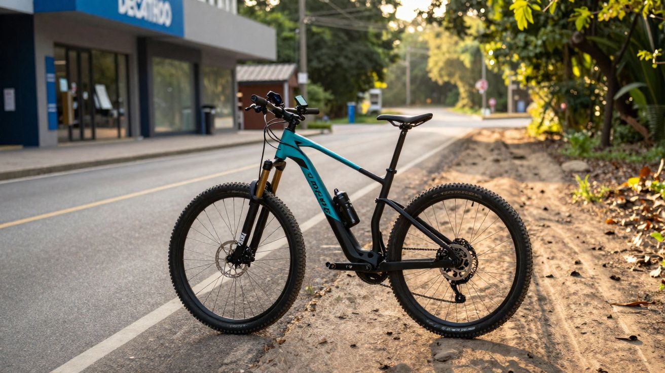 Bicicleta de montanha azul e preta estacionada ao lado de rua, com árvores e loja ao fundo.