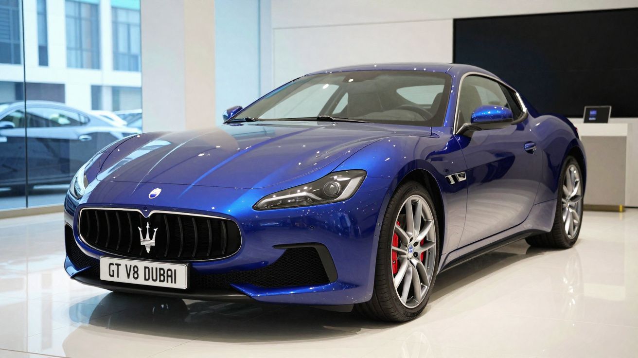 Carro esportivo azul Maserati GT V8 Dubai exibido em showroom moderno com piso branco.