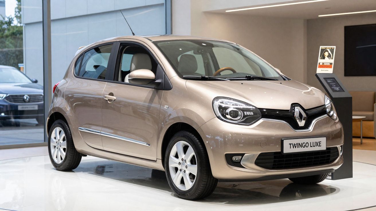 Carro Renault Twingo Luxe bege exibido em showroom moderno com piso branco e paredes claras.