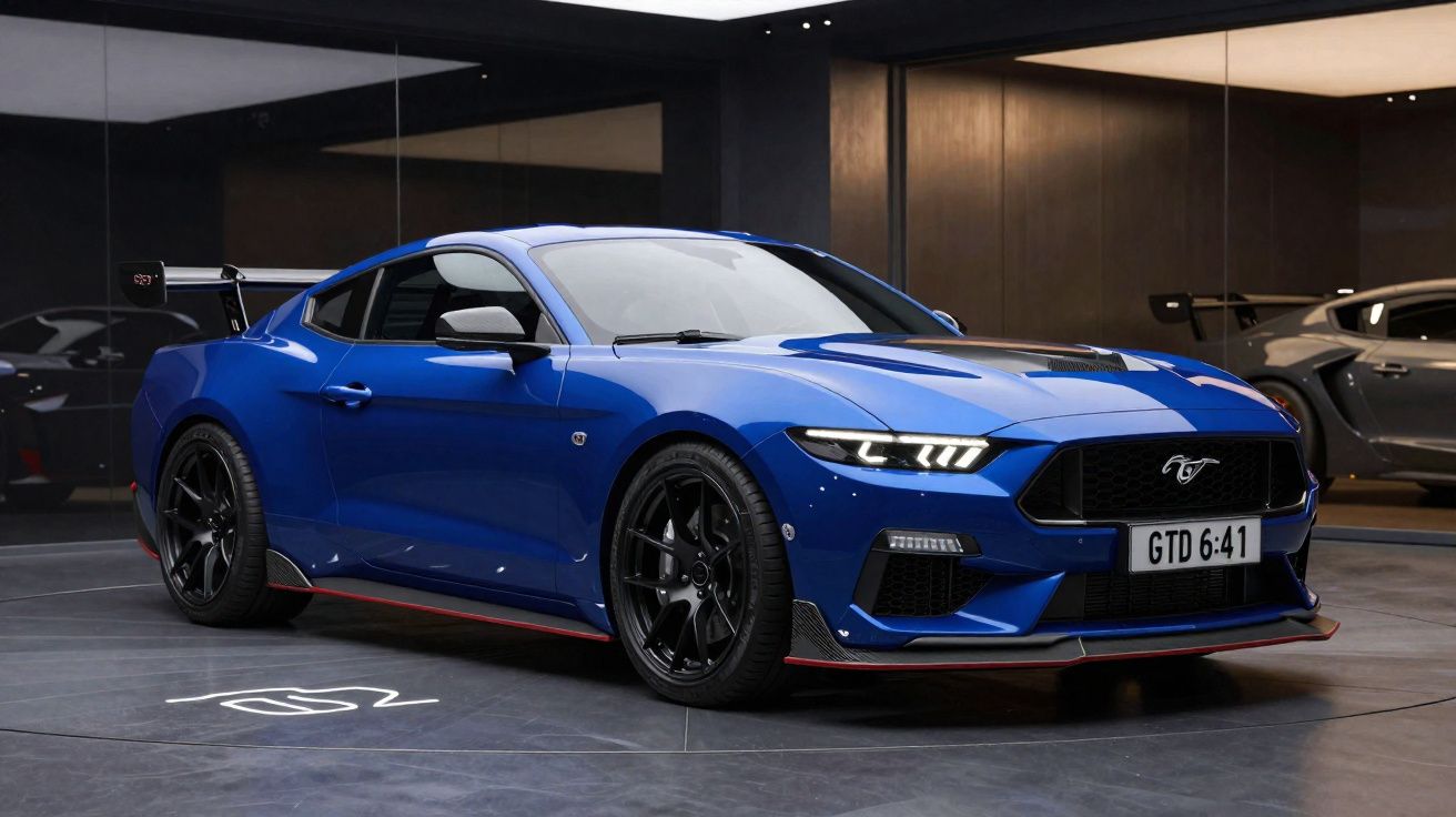 Carro esportivo azul com rodas pretas, faróis acesos, em ambiente interno moderno com piso escuro.