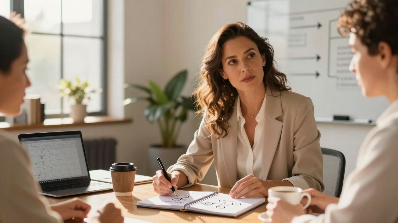 Mulher em reunião de trabalho explicando estratégia para colegas em escritório iluminado natural.