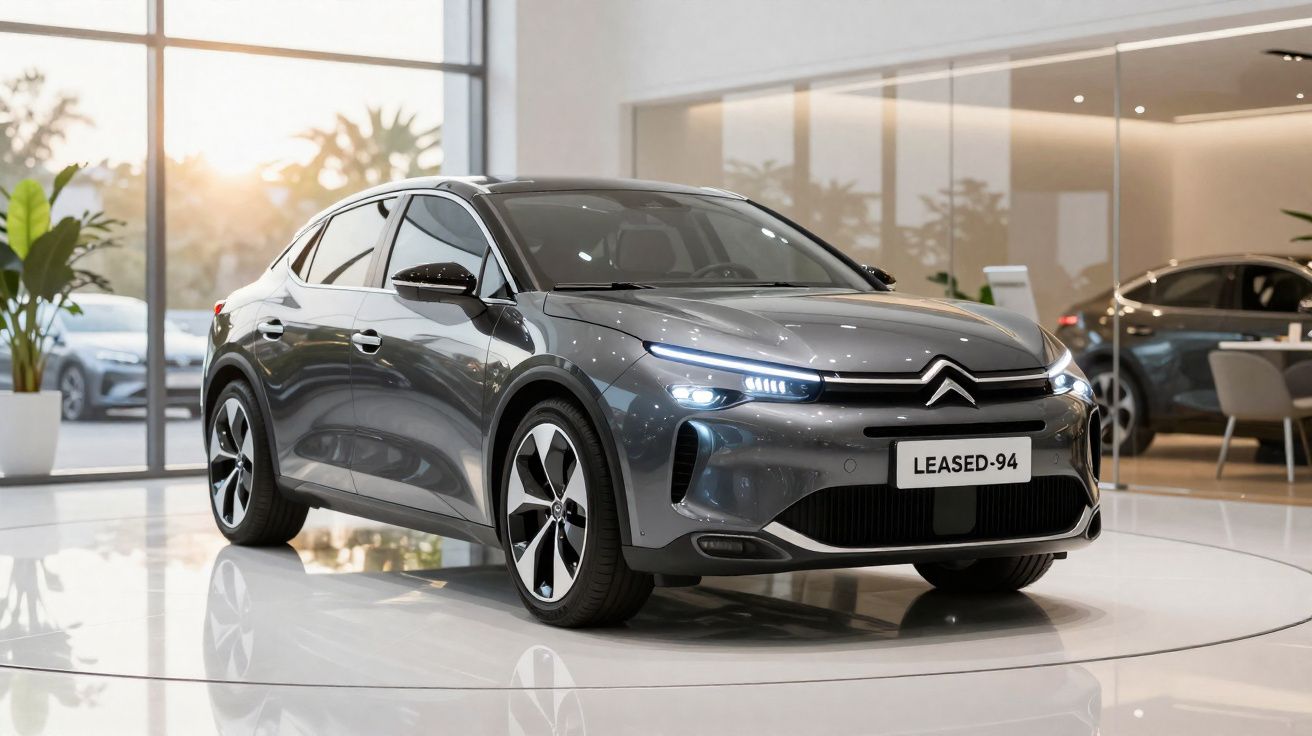 Carro elétrico cinza Citroën em exposição dentro de showroom moderno com iluminação natural.