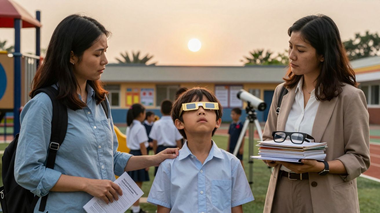Criança com óculos especiais observa o céu ao pôr do sol, acompanhada por duas mulheres em ambiente escolar.