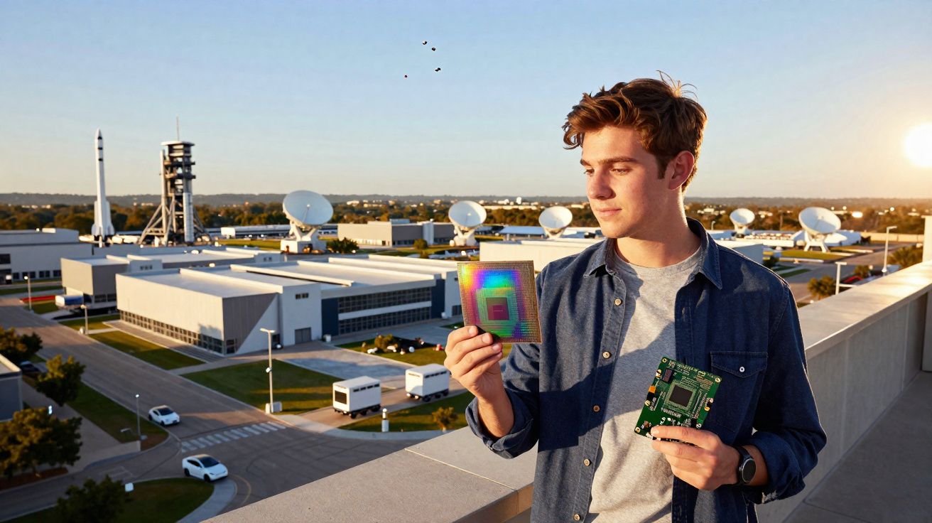 Jovem segura chips eletrônicos em uma área com antenas parabólicas e um foguete ao fundo ao pôr do sol.