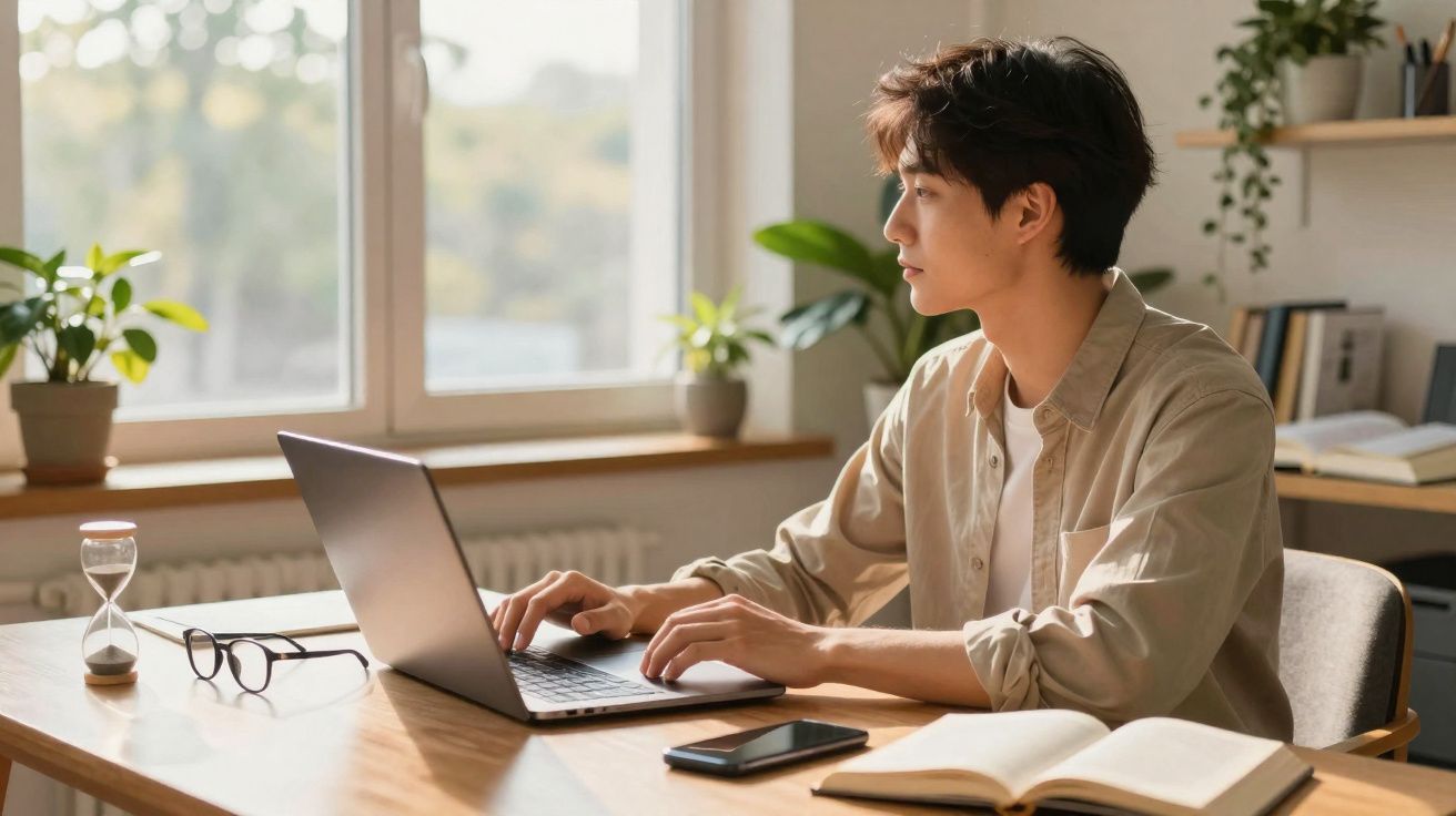 Jovem trabalhando em laptop sentado à mesa com livros, celular e plantas em ambiente iluminado pela janela.