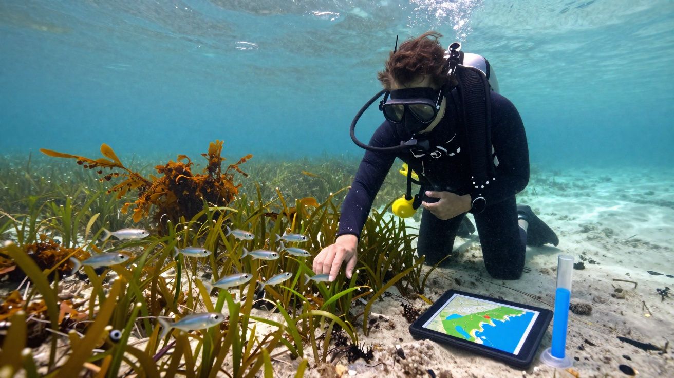 Mergulhador em traje completo coleta amostras em área de plantas marinhas com tablet e tubo para pesquisa subaquática.