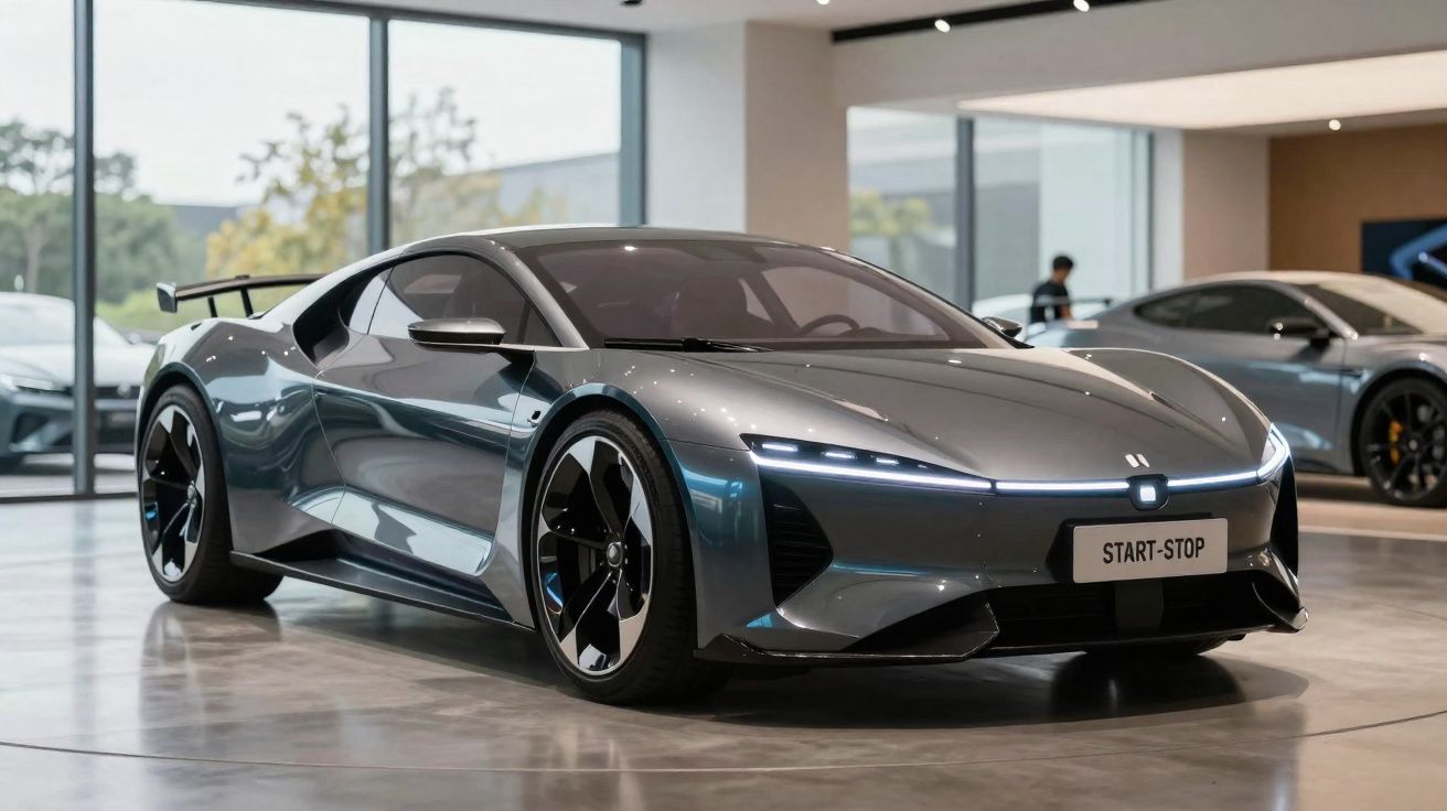 Carro esportivo cinza metálico em exposição dentro de showroom moderno com grandes janelas de vidro.