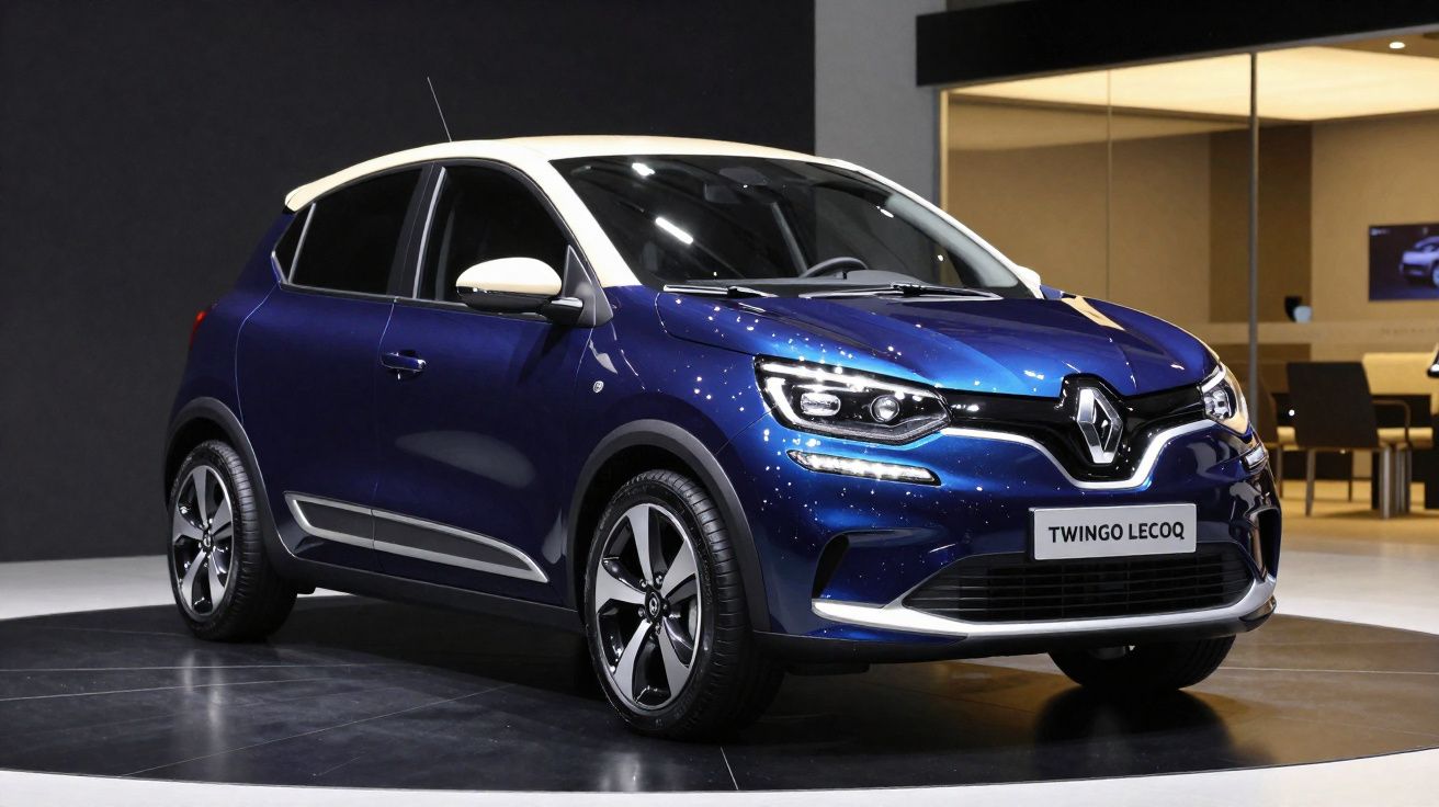 Carro Renault Twingo Lecoq azul com teto branco exibido em showroom moderno.