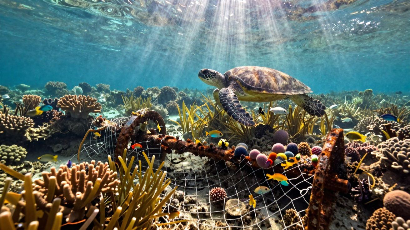 Tartaruga marinha nadando perto de coral colorido e rede de pesca velha no fundo do oceano.