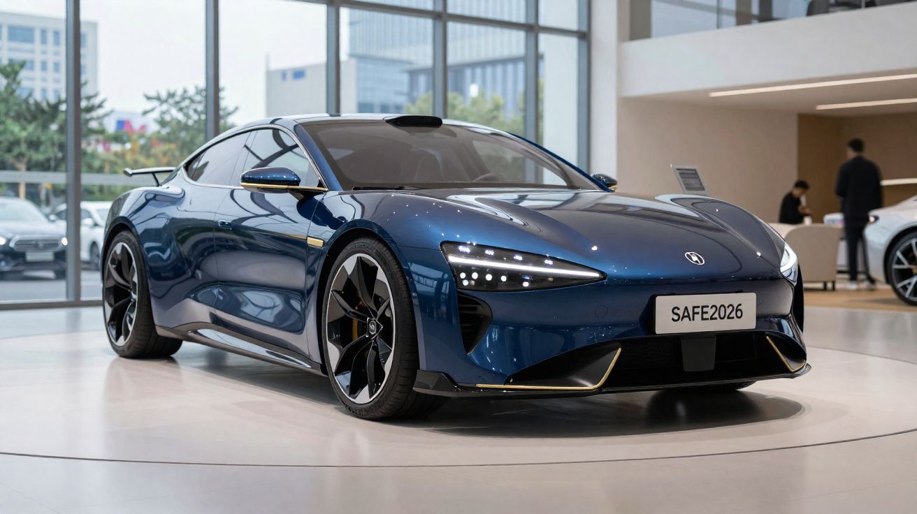 Carro esportivo azul exibido em showroom com design moderno e faróis LED triangulares.