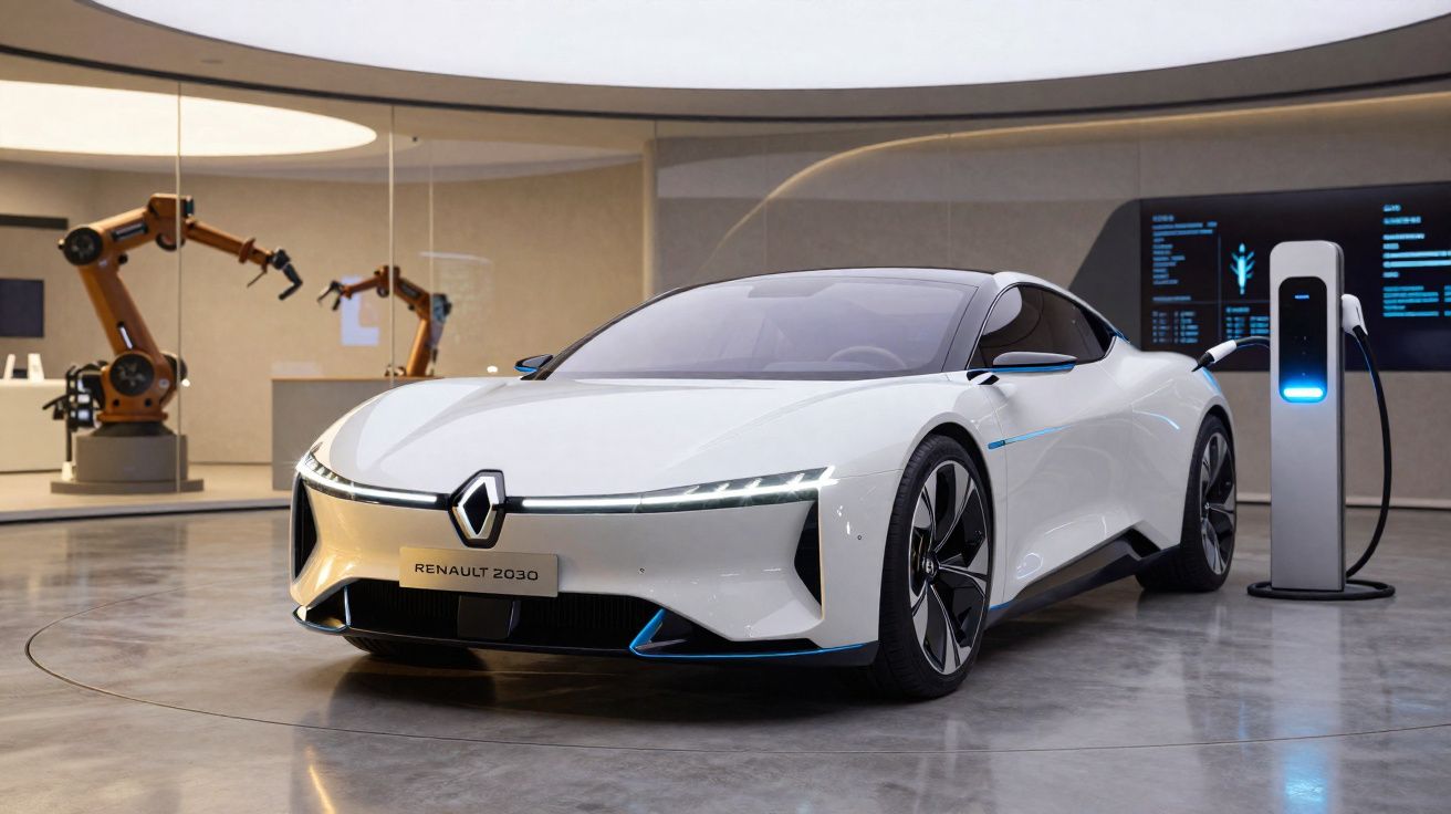Carro elétrico branco da Renault modelo 2030 carregando em estação em ambiente moderno com braços robóticos.