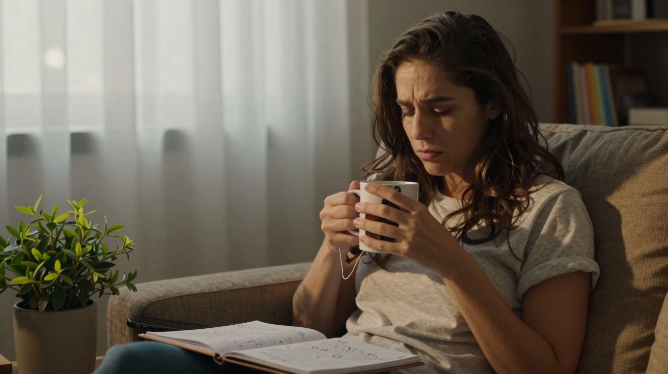 Mulher sentada no sofá segurando uma caneca e olhando pensativa para ela, com livro aberto no colo.