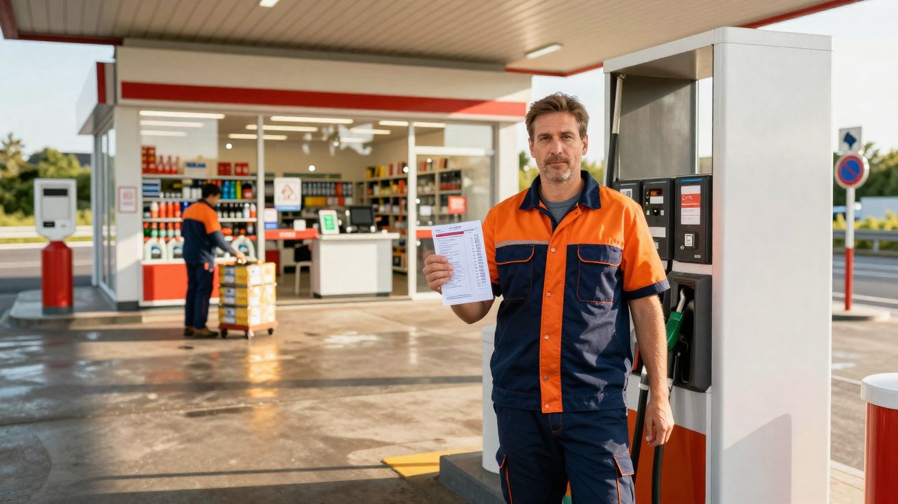 Homem com uniforme laranja e azul mostra papel em posto de combustível moderno e organizado.