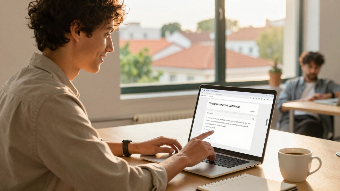 Jovem sentado em mesa com laptop lendo um texto em português, com outra pessoa ao fundo em ambiente claro.