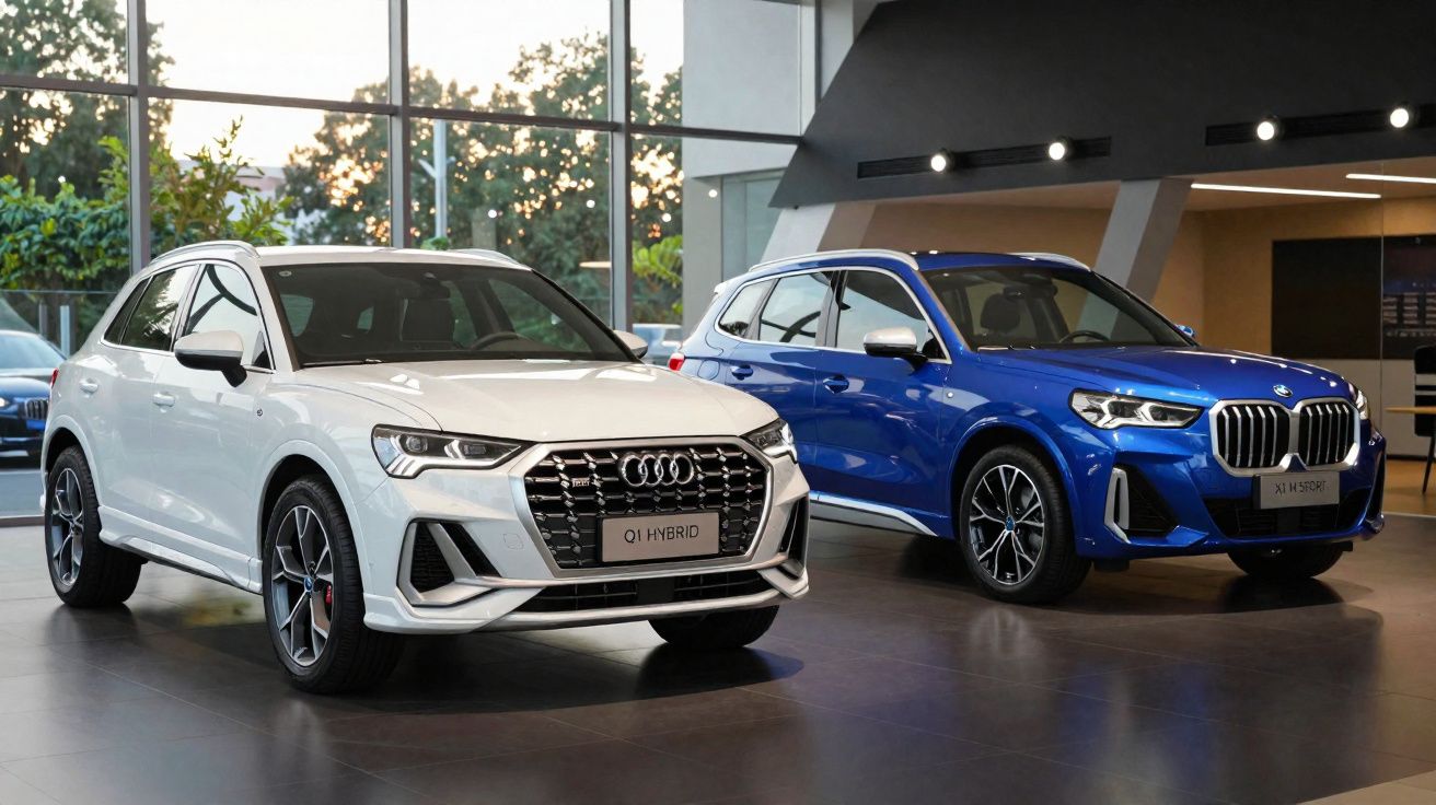 Carros Audi Q1 Hybrid branco e BMW X1 M Sport azul expostos em showroom moderno com grandes janelas.