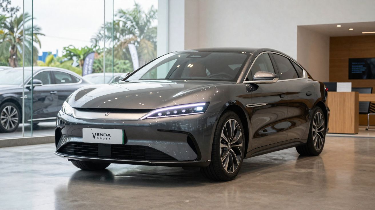 Carro elétrico cinza estacionado em showroom moderno com piso de concreto e parede branca.