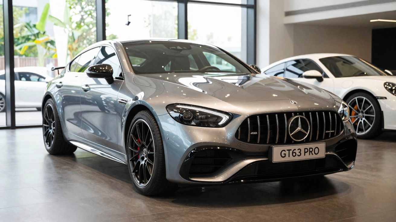 Mercedes-Benz cinza estacionado em showroom com teto solar e detalhes em preto.