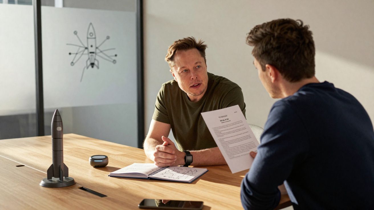 Dois homens conversando em uma mesa com miniatura de foguete e documentos.