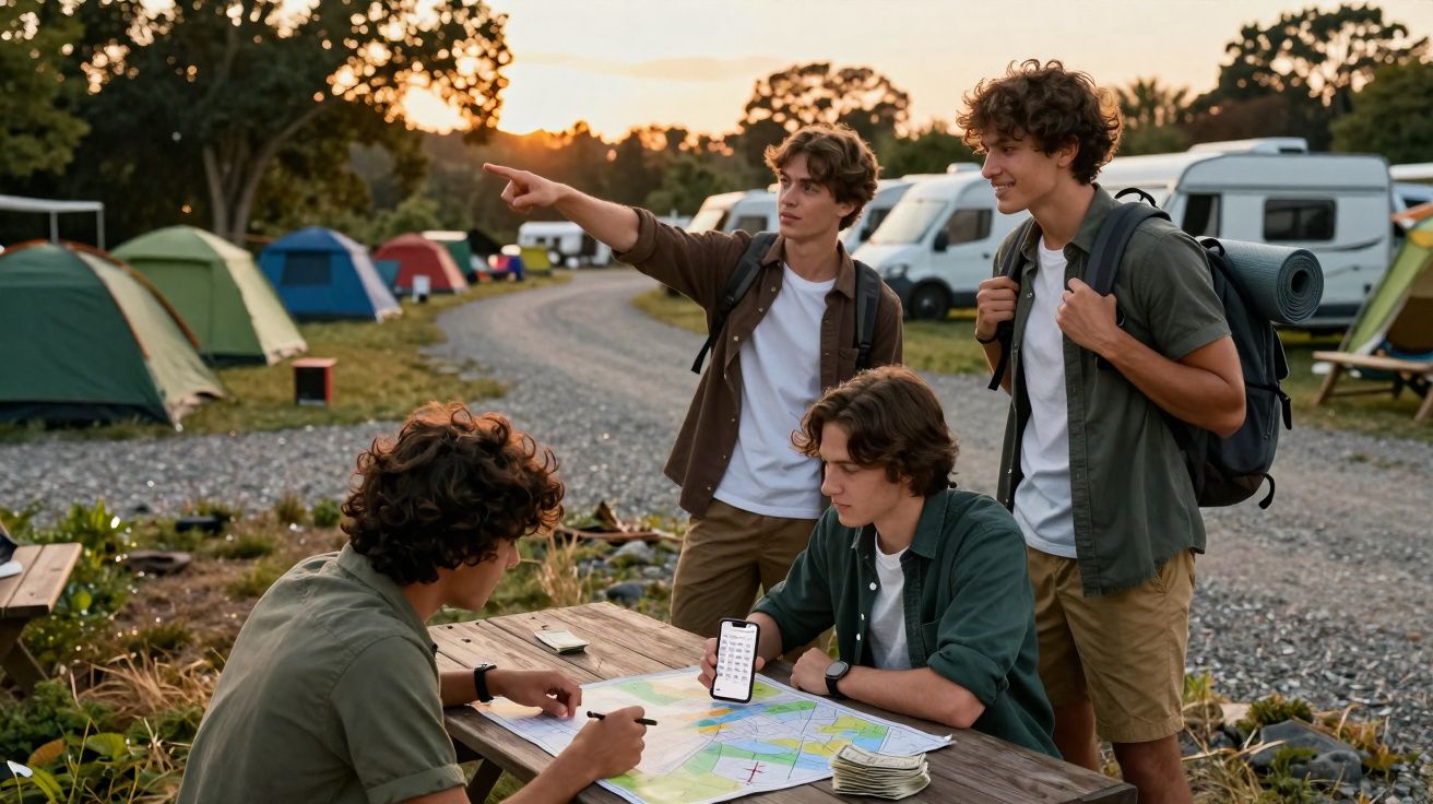 Quatro jovens em camping planejam rota com mapa e celular ao pôr do sol, cercados por barracas e trailers.