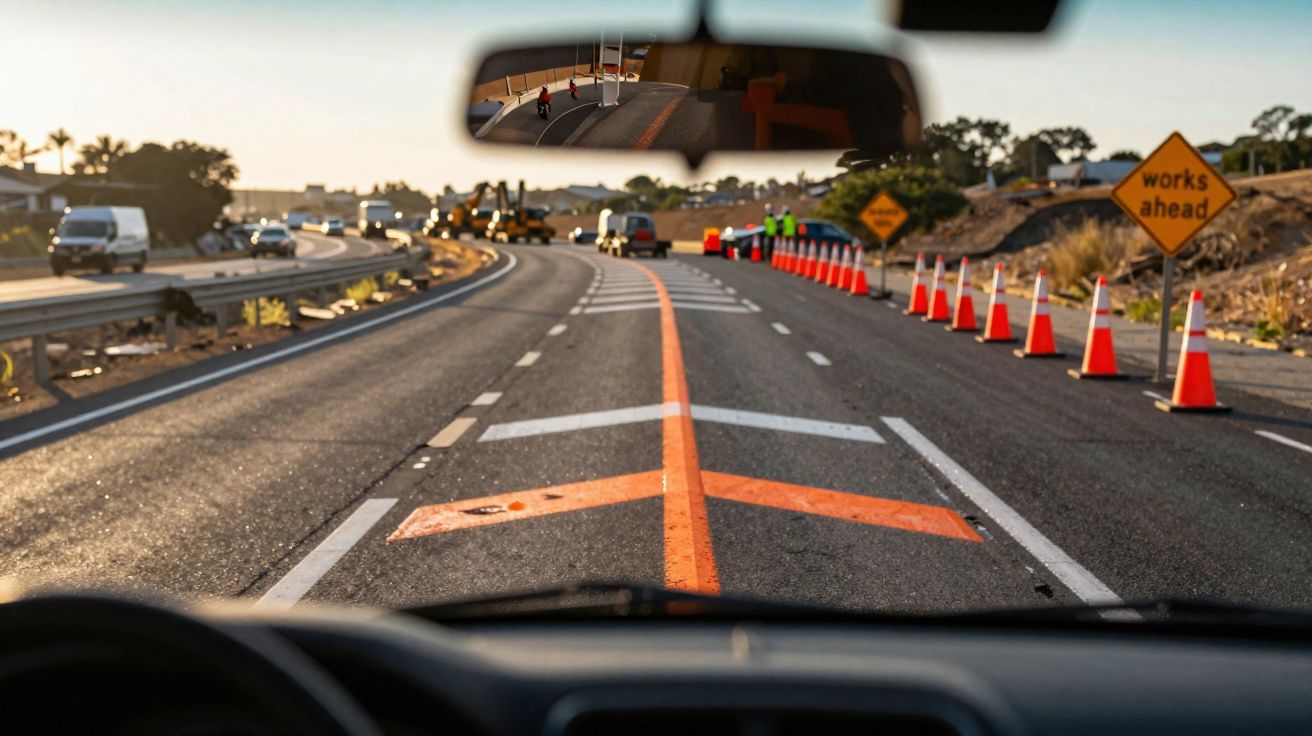 Vista pelo para-brisa de carro de estrada com cones laranja e placa sinalizando obras à frente, operários e veículos.