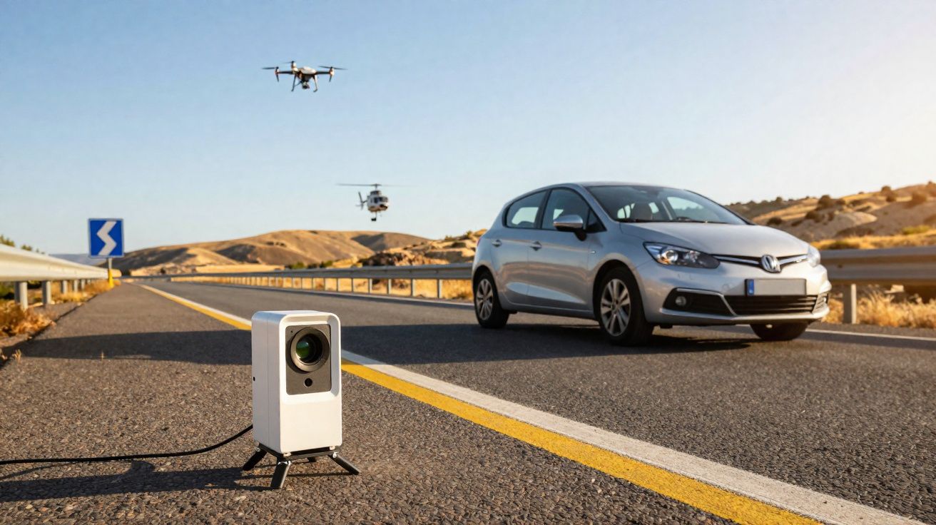 Radar portátil e drones monitorando carro prata em estrada reta cercada por colinas secas ao entardecer.
