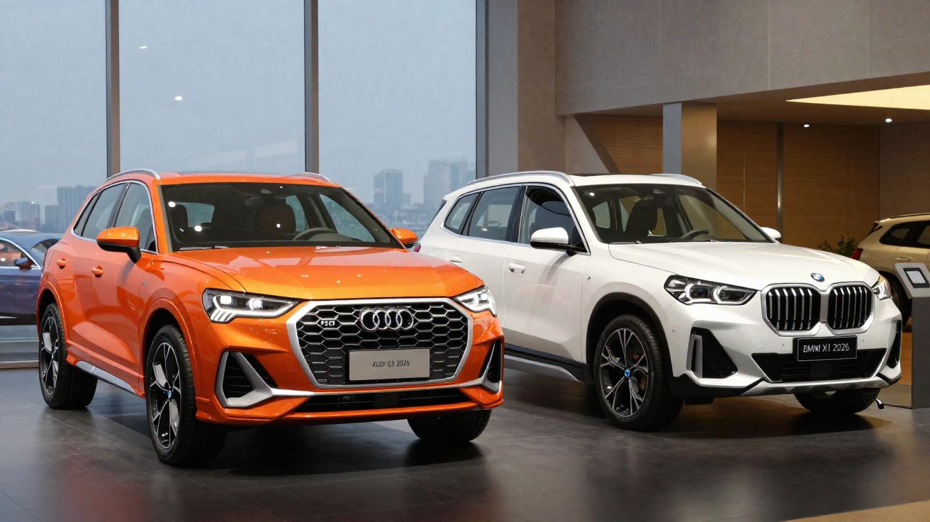 Dois SUVs modernos em exposição, um Audi Q3 laranja e um BMW X1 branco, em ambiente interno iluminado.