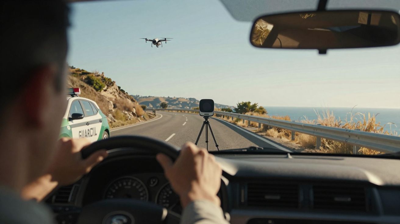 Motorista em carro e viatura da polícia em estrada com dispositivo de medição e drone voando à frente.