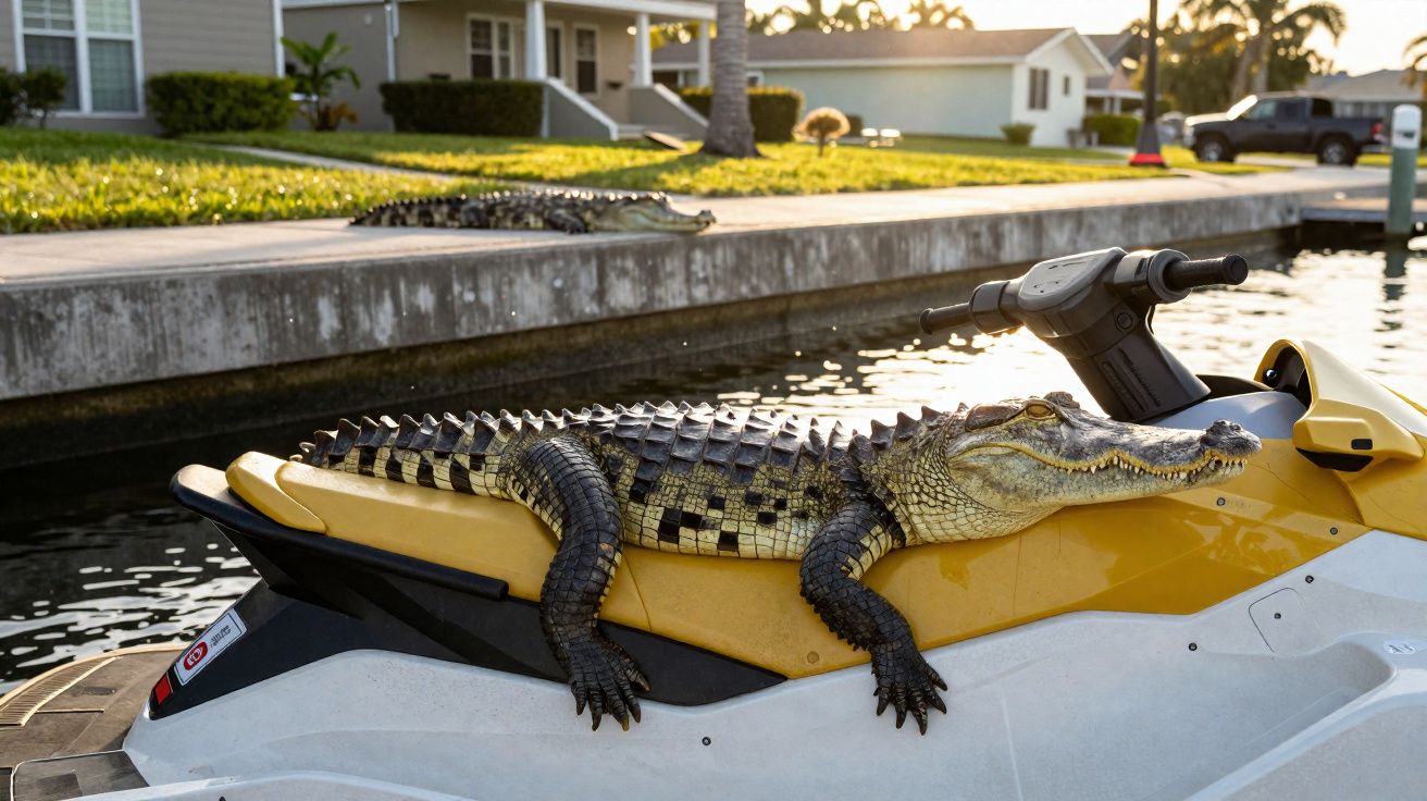 Jacaré repousa em jet ski amarelo próximo a canal residencial ao entardecer.