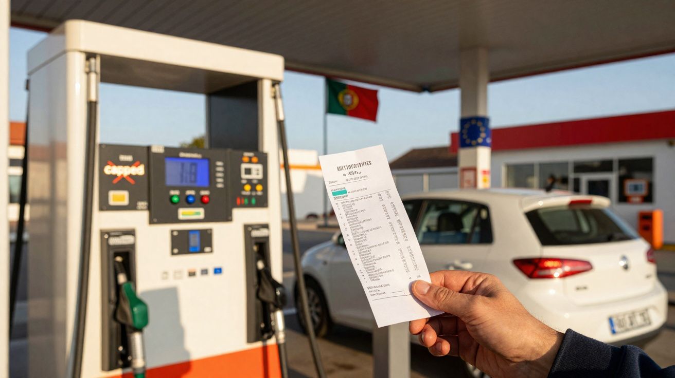Pessoa segurando nota fiscal em posto de combustível com carro branco estacionado ao fundo.