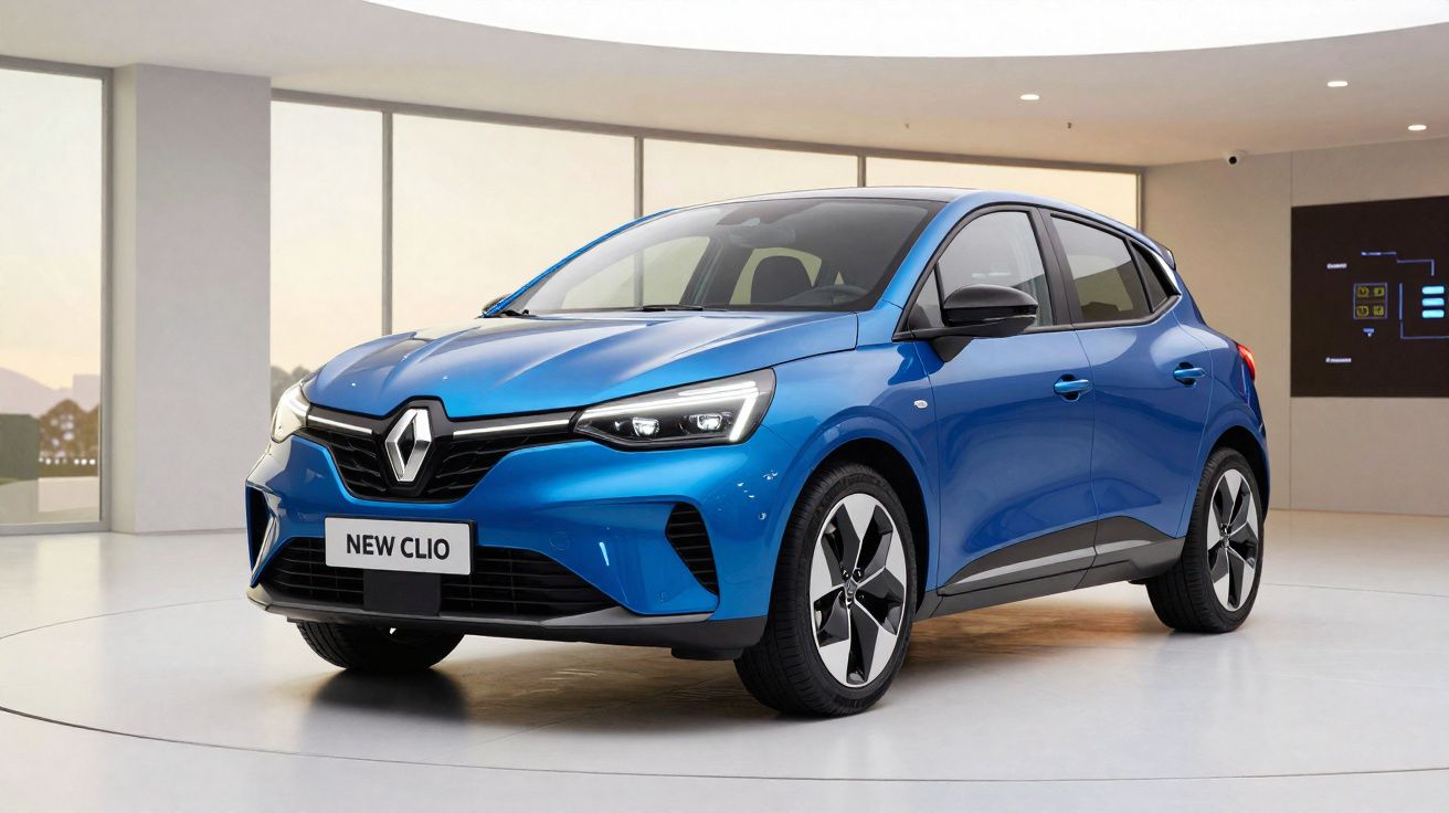 Carro hatchback Renault New Clio azul em ambiente interno moderno e iluminado.