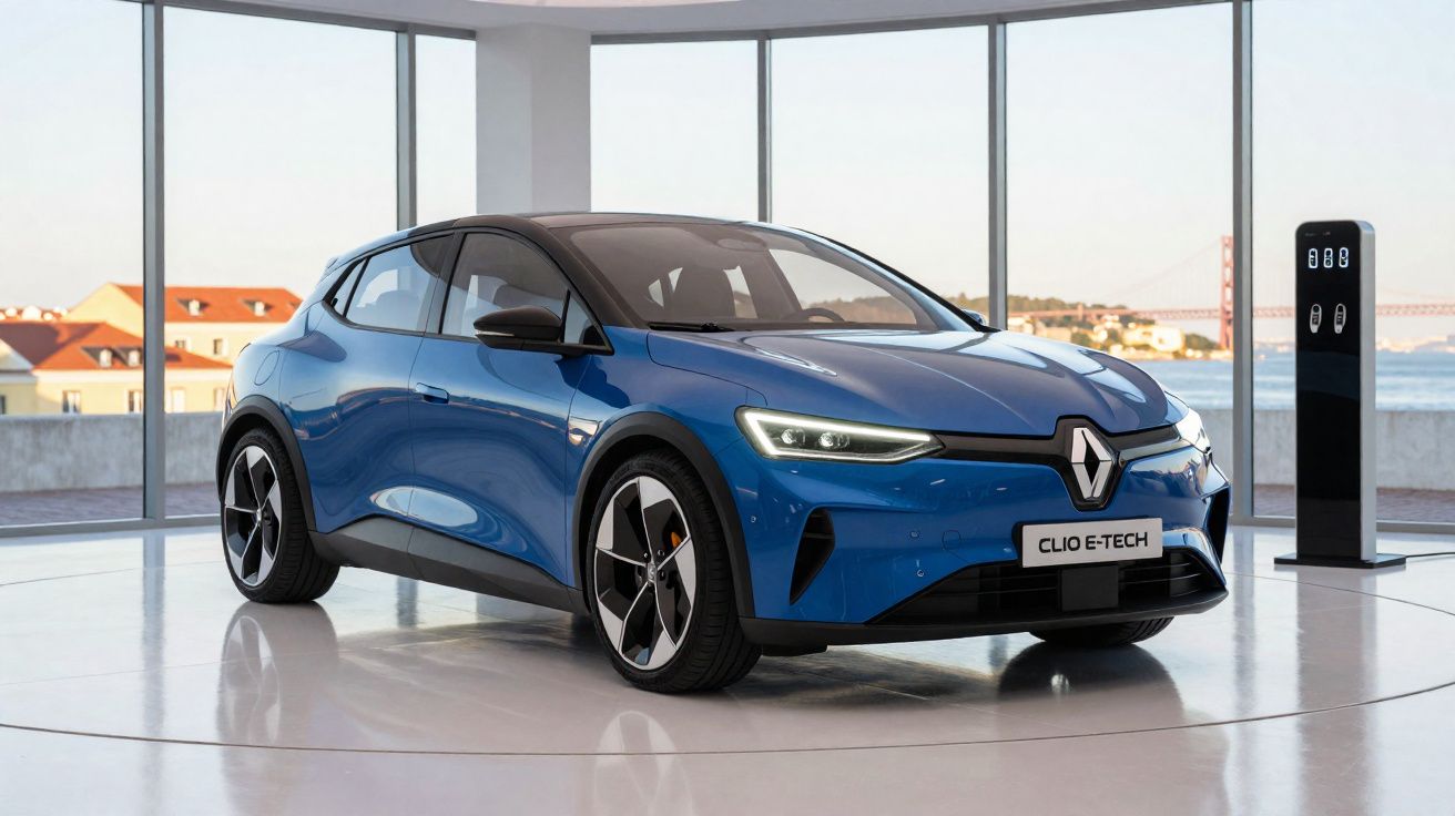 Carro elétrico Renault Clio E-Tech azul estacionado em showroom moderno com vista para cidade e rio.