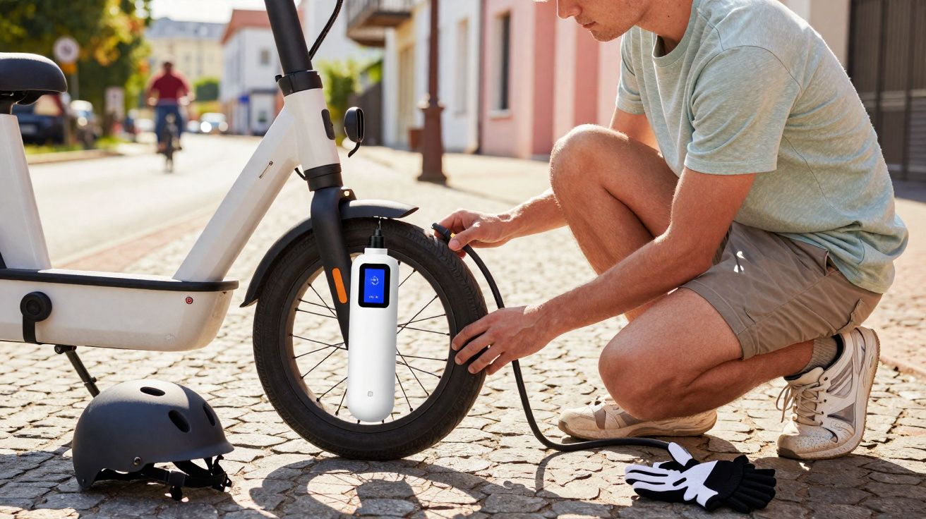 Homem com roupa casual inflando pneu de bicicleta elétrica com bomba portátil na rua de paralelepípedo.