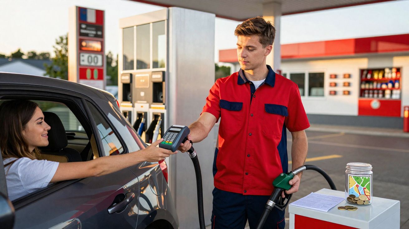 Funcionário de posto de gasolina com uniforme vermelho ajuda cliente a pagar com cartão na bomba de combustível.