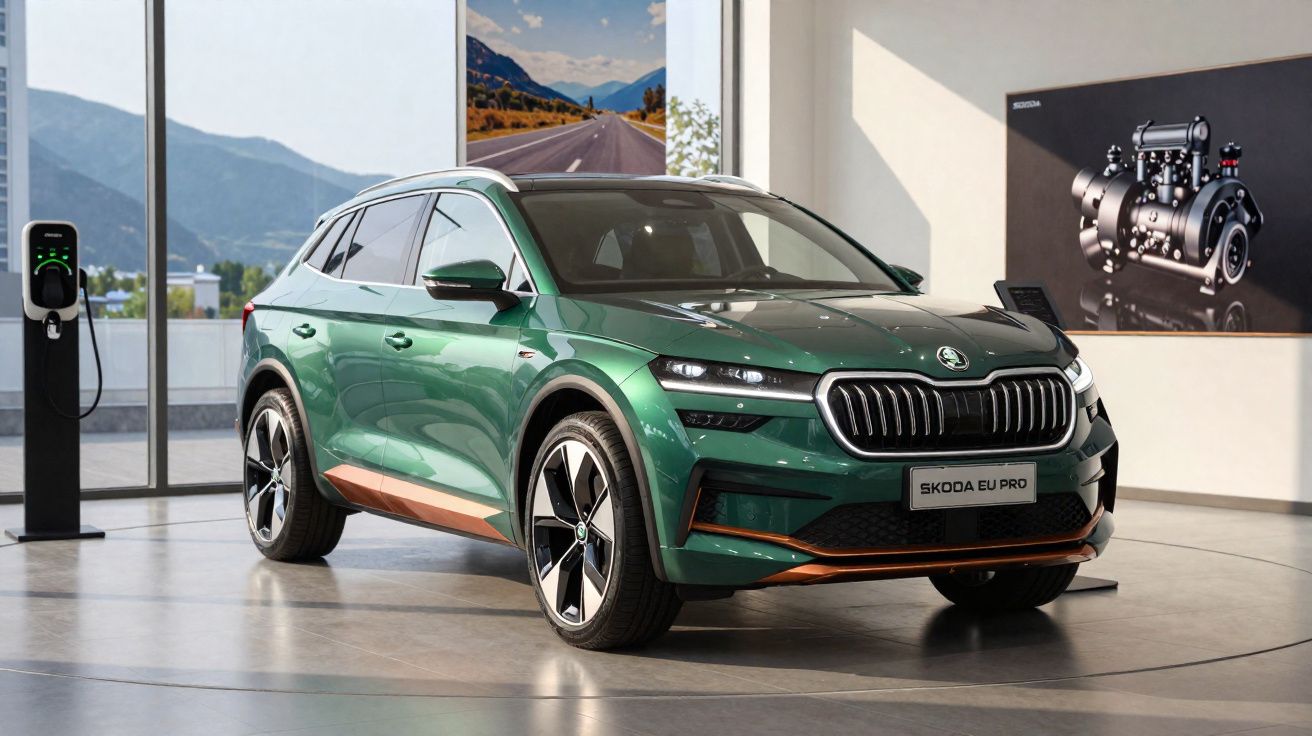 Carro SUV Skoda verde com detalhes em cobre exposto em showroom moderno com carregador elétrico ao lado.