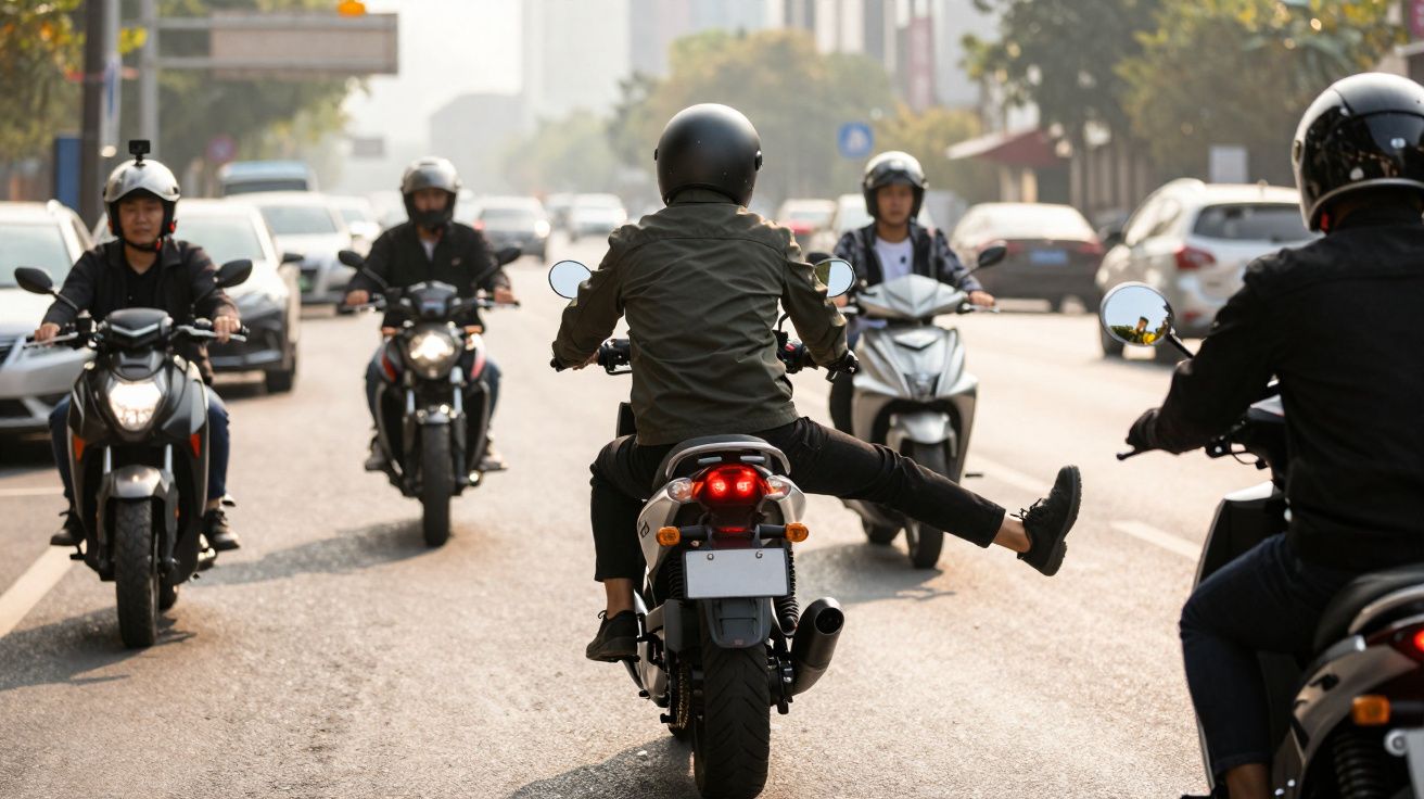 Grupo de motociclistas usando capacetes em rua movimentada durante o dia.