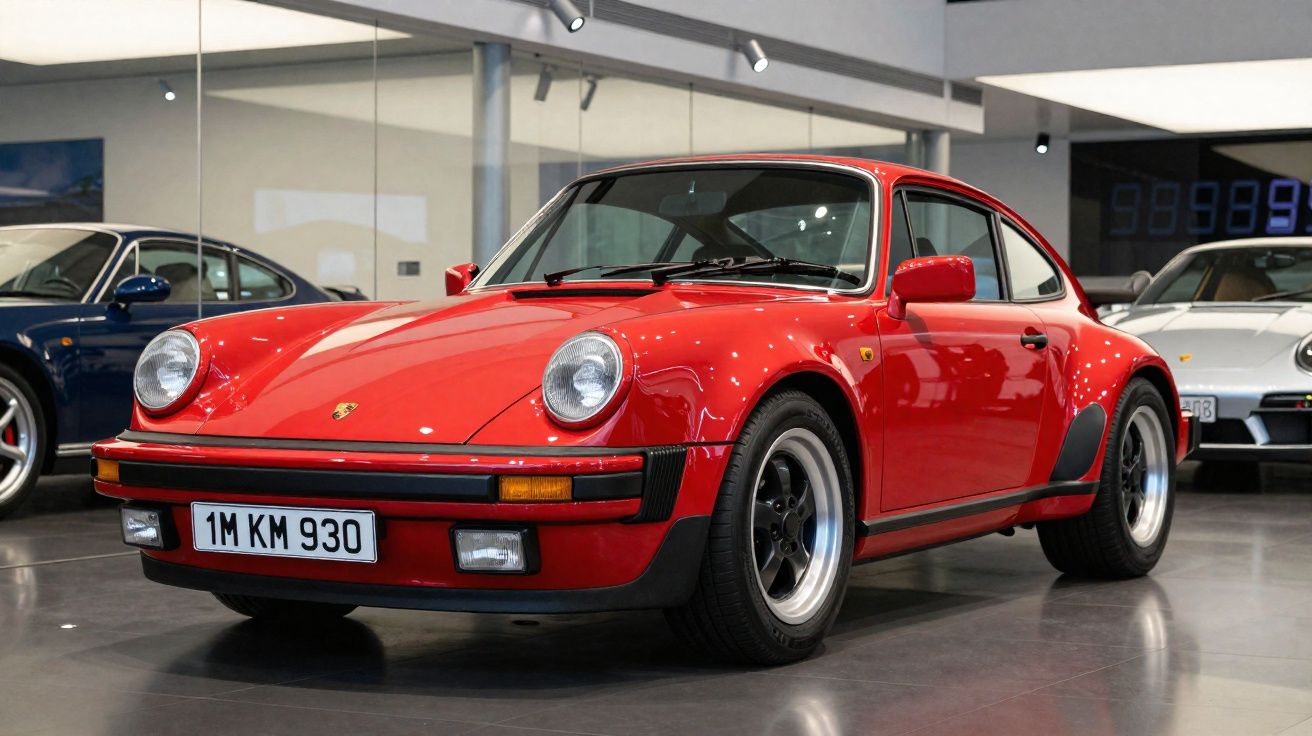 Carro esportivo Porsche 911 clássico vermelho exibido em showroom moderno e iluminado.