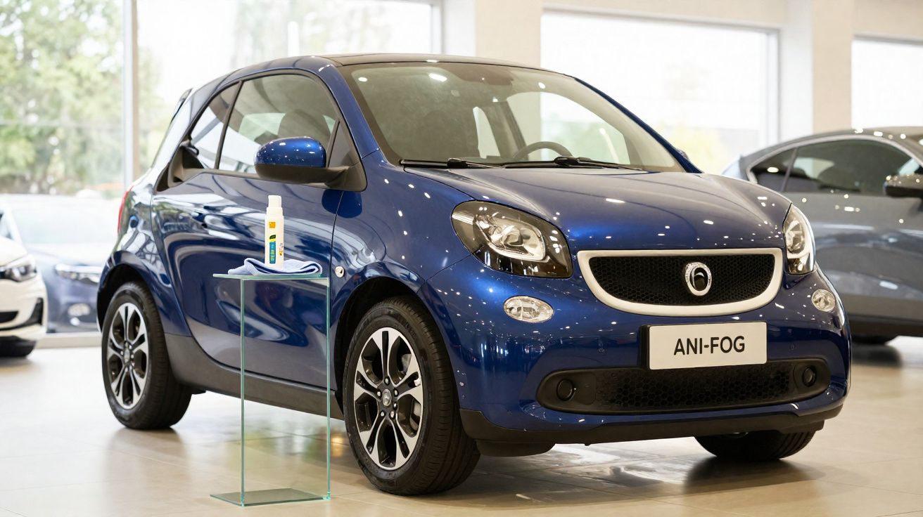 Carro compacto azul em exposição em showroom com placa personalizada e produto sobre suporte de vidro ao lado.