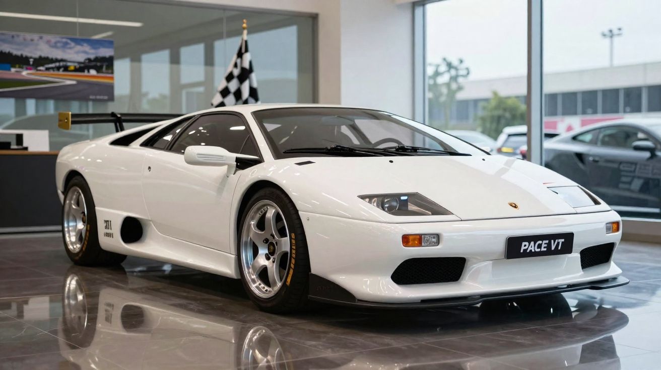 Carro esportivo branco Lamborghini PACE VT exposto em showroom com piso de porcelanato brilhante.