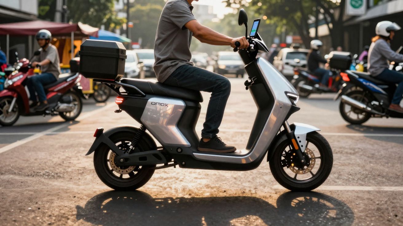 Homem monta em scooter elétrica prata em rua urbana movimentada ao entardecer.
