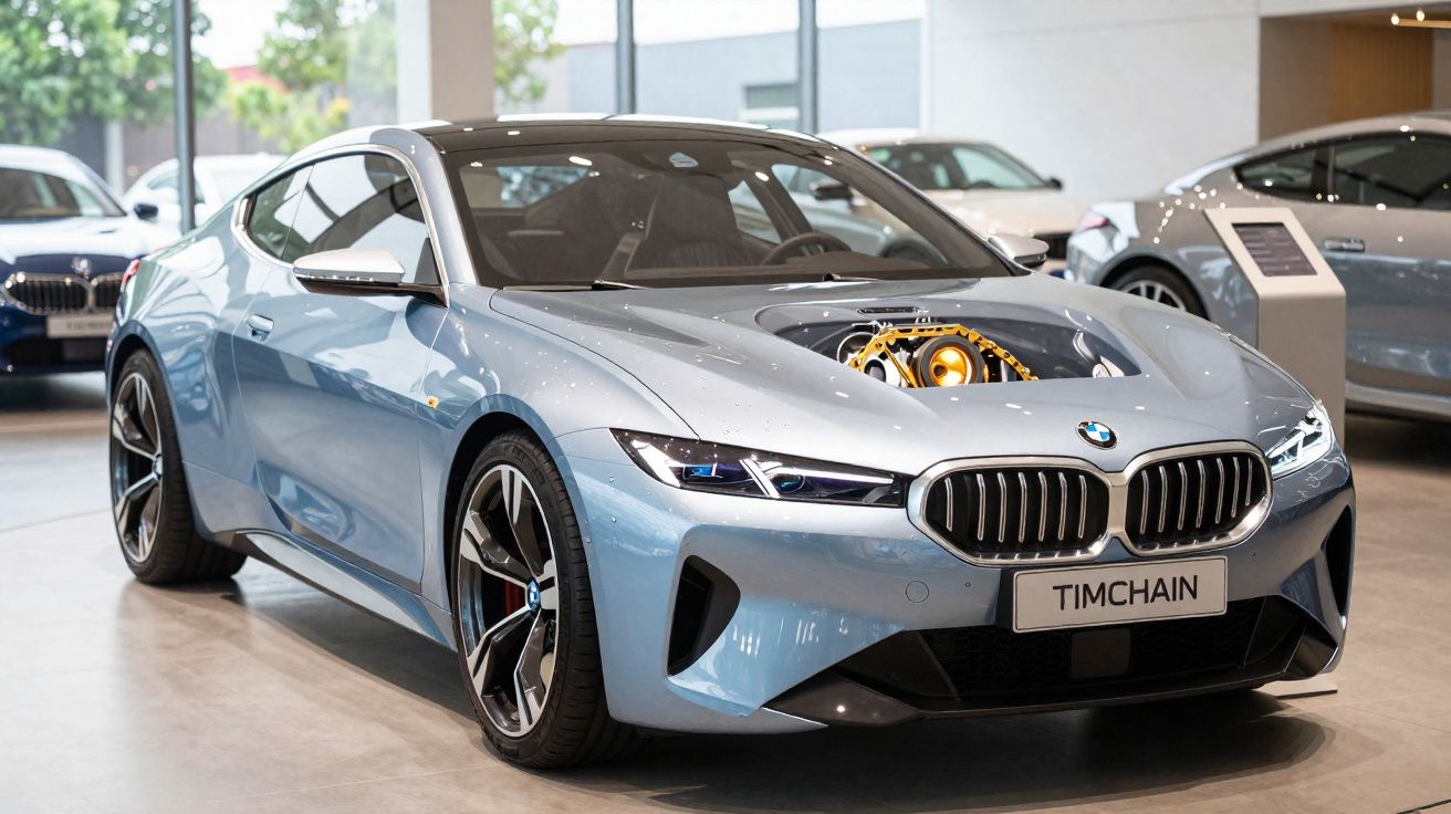 Carro esportivo prata com capô transparente exibindo motor, em showroom moderno com outras motos ao fundo.