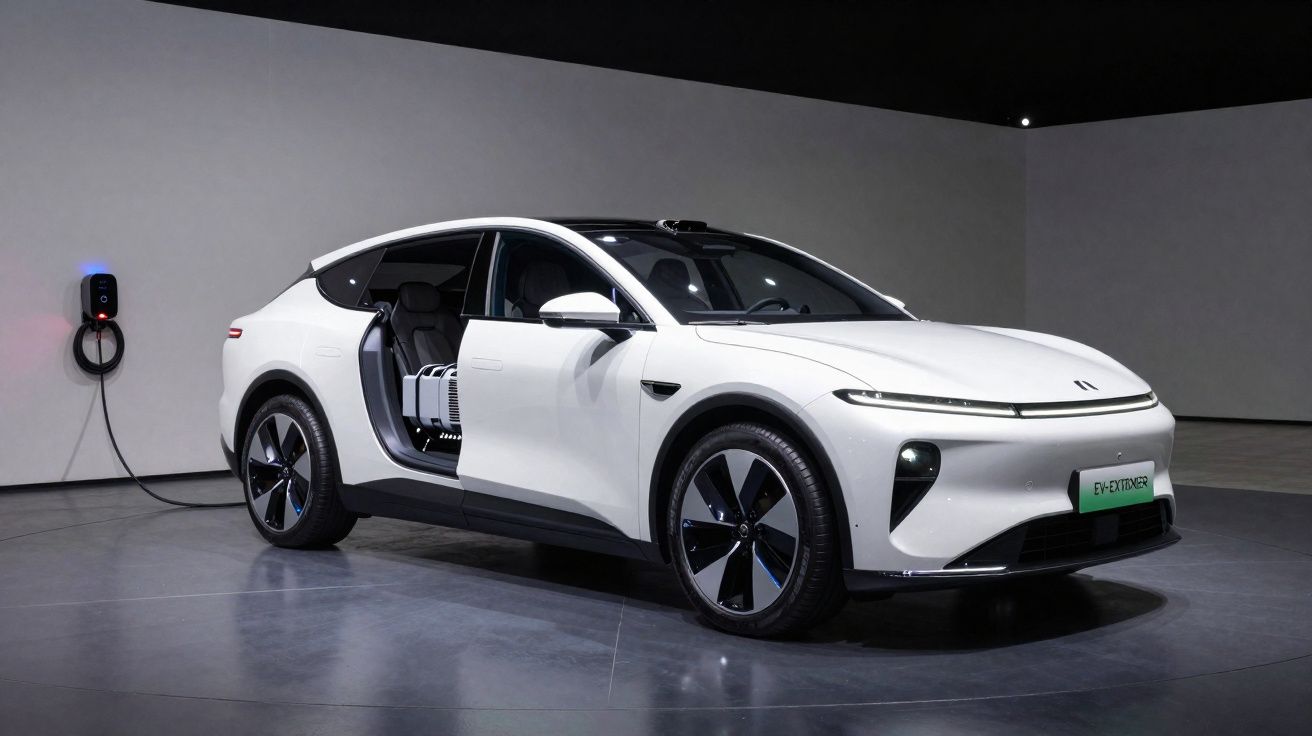Carro elétrico branco plugado em estação de recarga com porta aberta em ambiente interno minimalista.