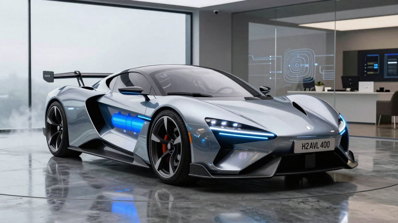 Carro esportivo futurista prateado com luzes azuis e detalhes aerodinâmicos em showroom moderno.