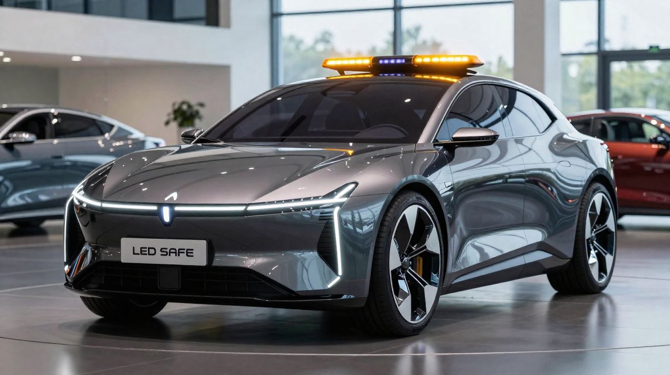 Carro cinza moderno com luzes de LED amarelas no teto, exibido em ambiente interno.