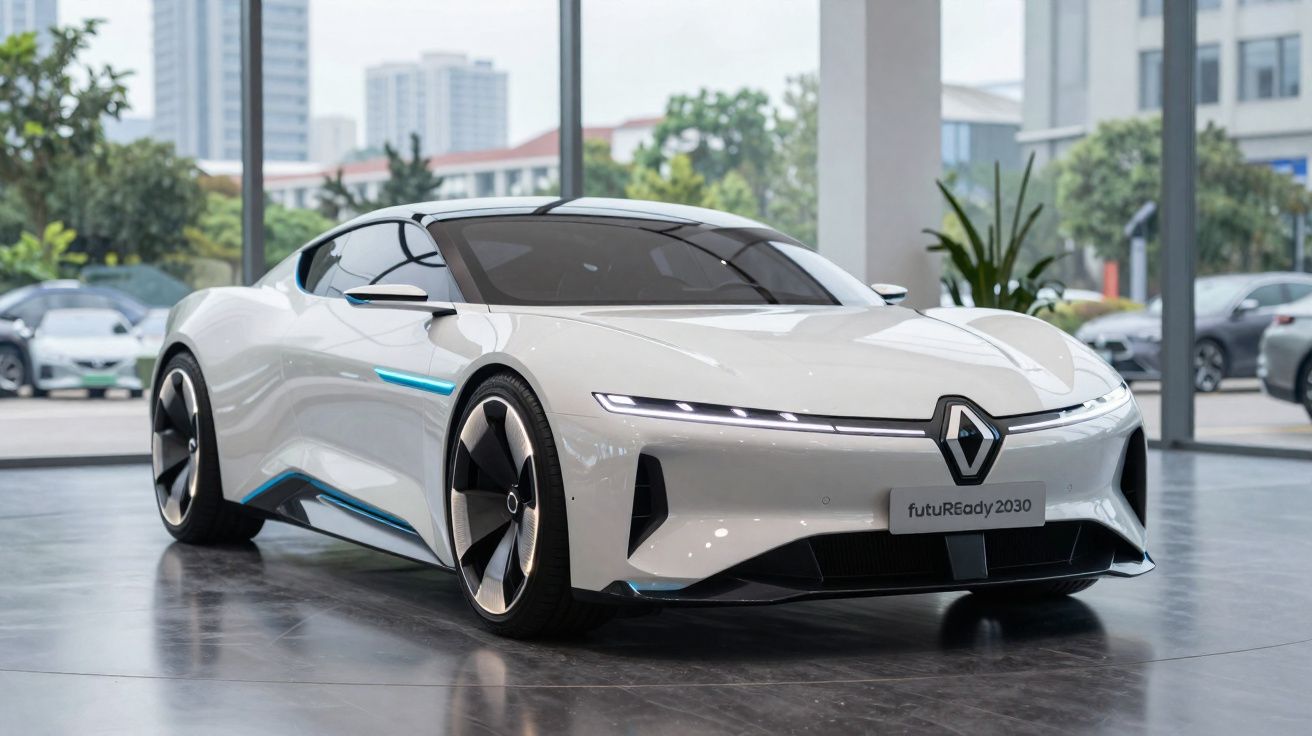 Carro conceito elétrico branco da Renault futurista em exposição com edifícios ao fundo.