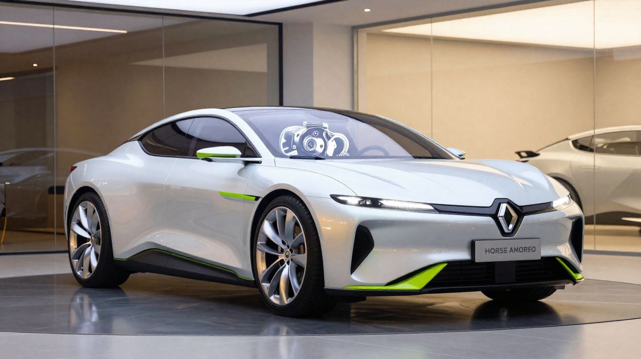 Carro esportivo branco com detalhes verdes, design moderno e aerodinâmico, exibido em ambiente interno.