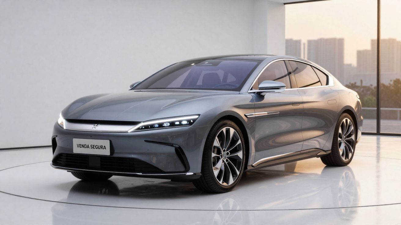 Carro elétrico cinza estacionado em ambiente interno com janelas amplas e iluminação natural.