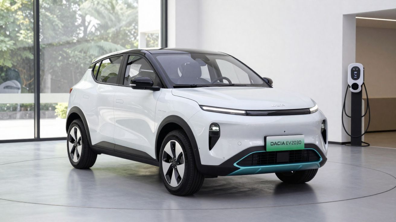 Carro elétrico branco Dacia EV2030 em showroom com parede de vidro e estação de recarga ao fundo.